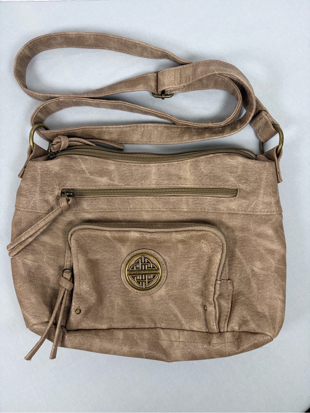 Stone Mountain Taupe Faux Leather Crossbody Shoulder Bag Multi Pocket Boho